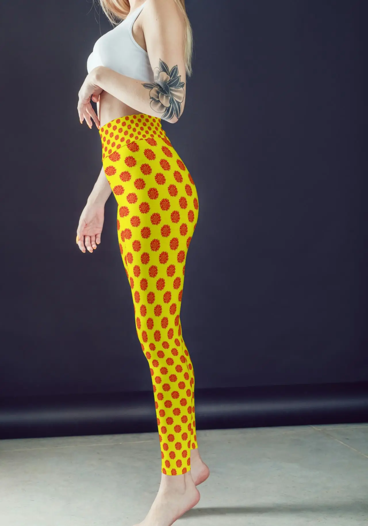Flower Prints Yellow Women Sports Tights And Bra Set - Image 2