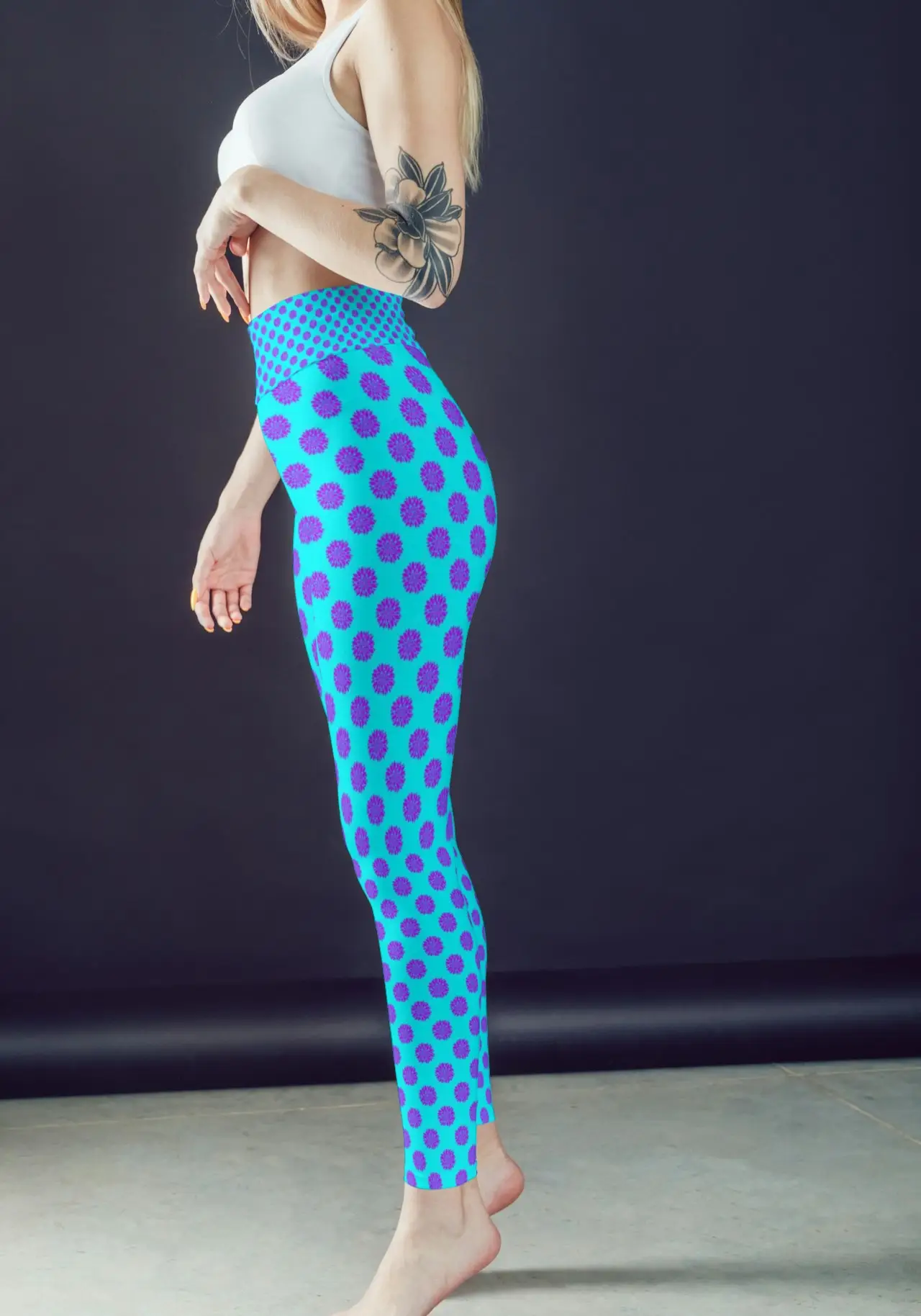 Flower Prints Sky Blue Women Sports Tights And Bra Set - Image 2