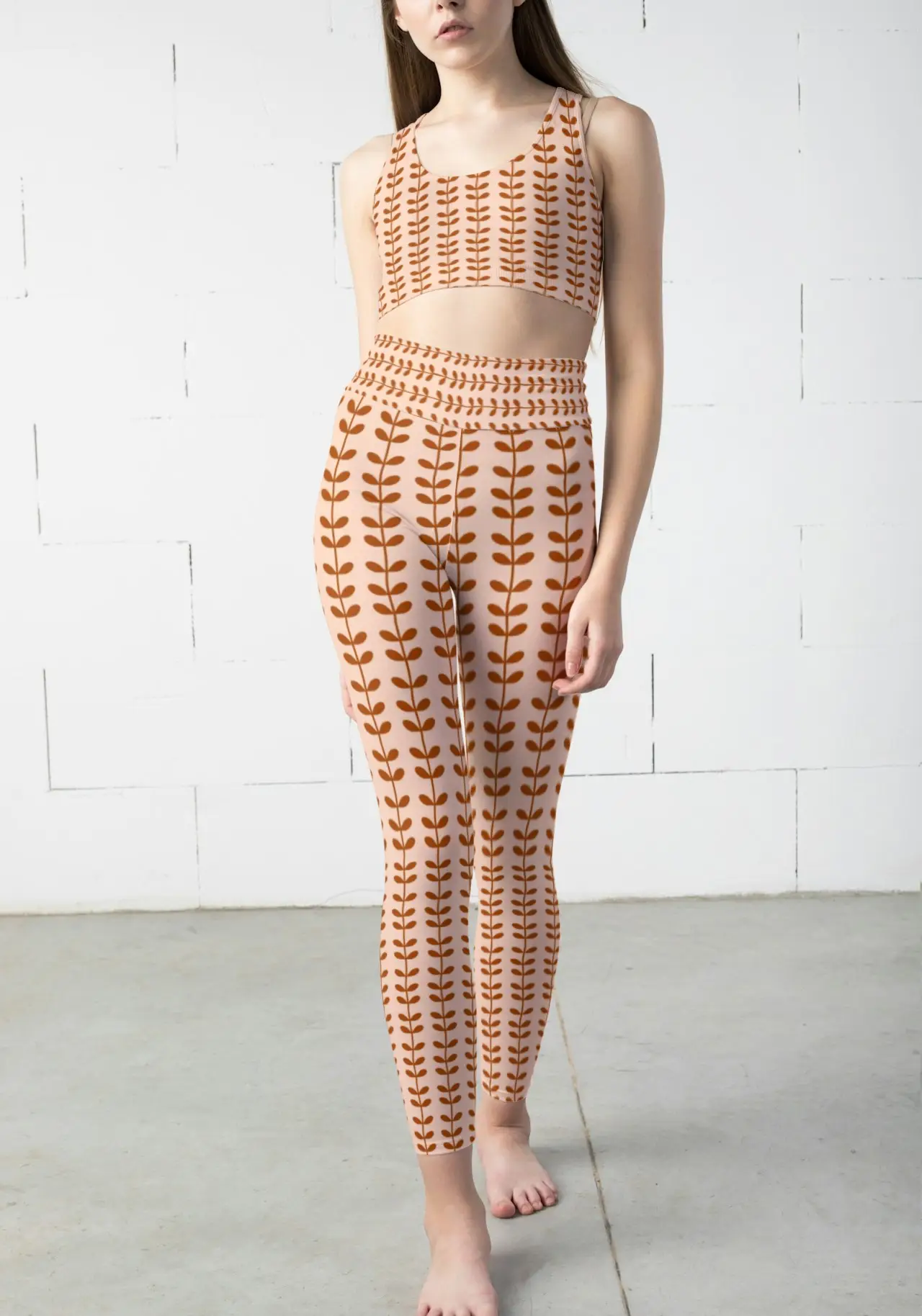 Leave Strips Brown Women Sports Tights And Bra Set