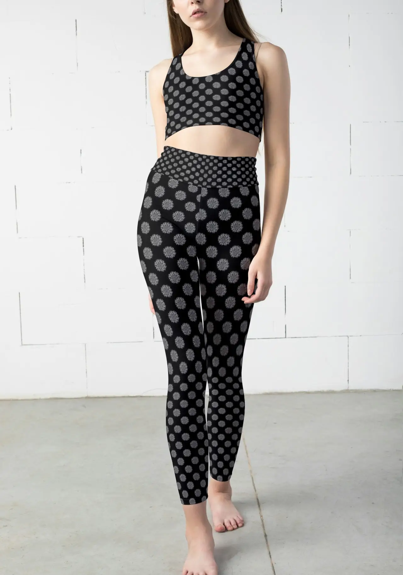 Flower Print Black Women Sports Tights And Bra Set