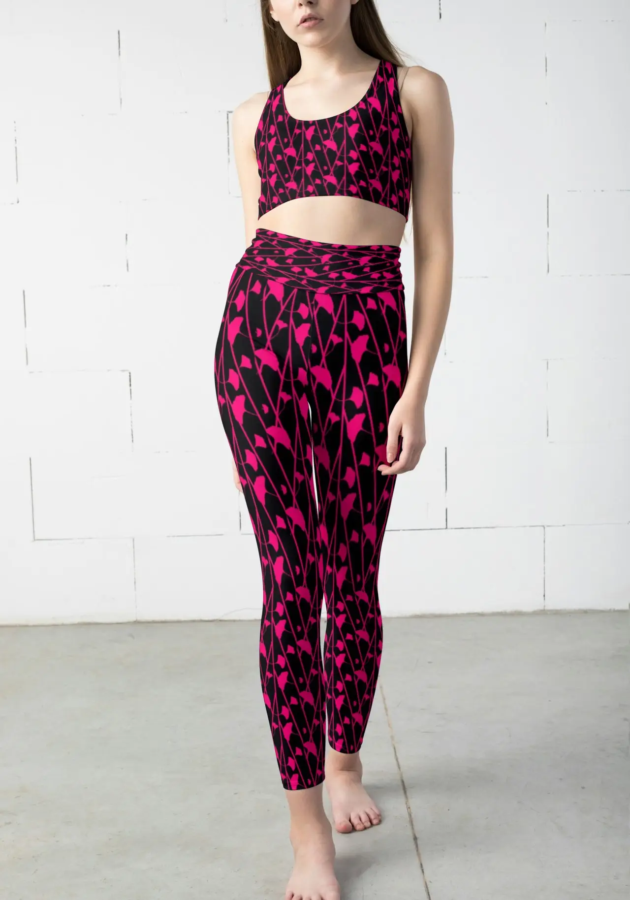 Black Pink Floral Print Women Sports Tights And Bra Set - Image 2