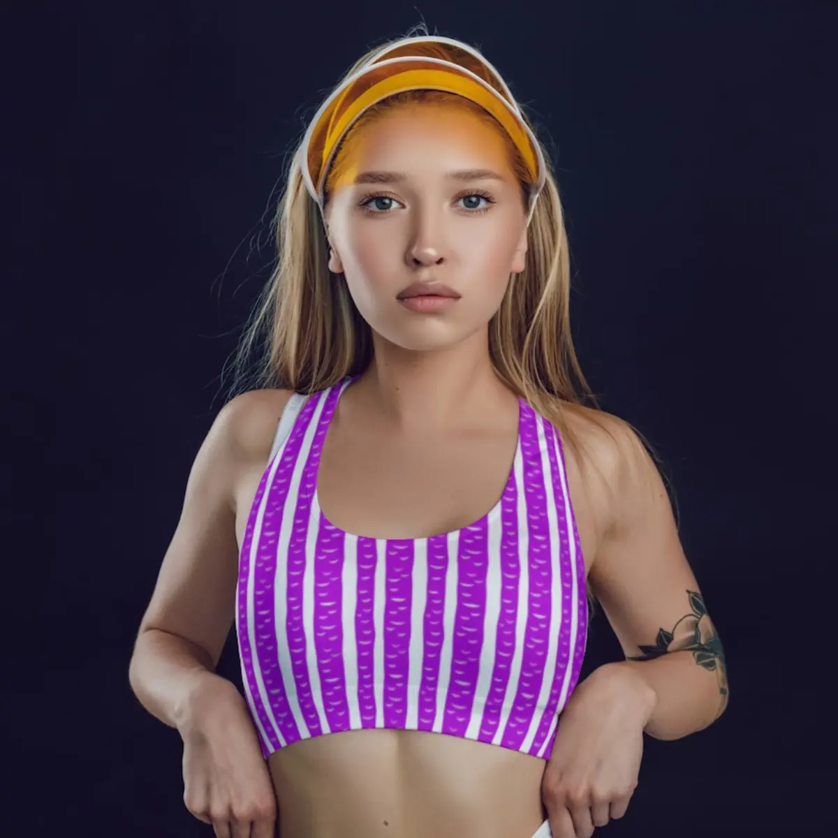 Purple Striped Pattern Everyday Exercise Yoga Sports Bra