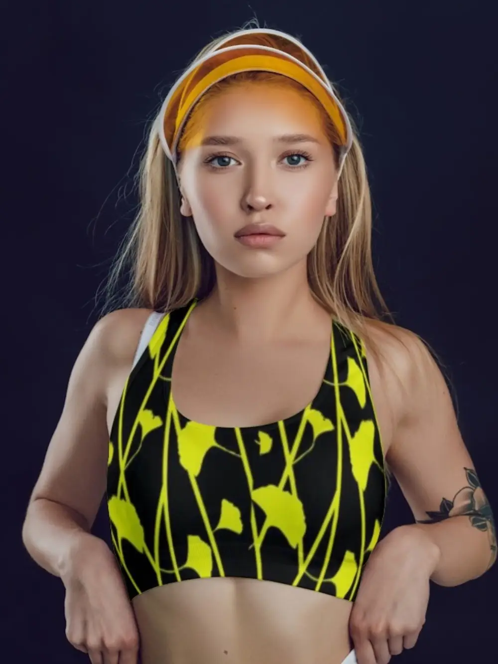 Black Yellow Floral Printed Gym And Yoga Training Sports Bra