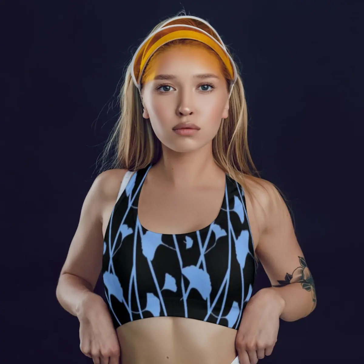 Black Blue Floral Printed Gym And Yoga Training Sports Bra