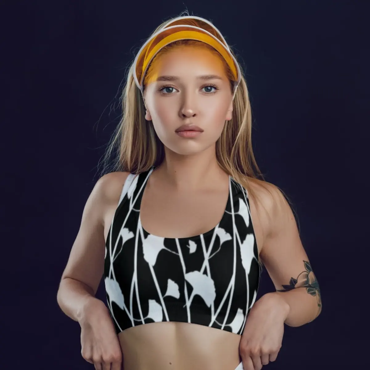 Black White Floral Printed Gym And Yoga Training Sports Bra