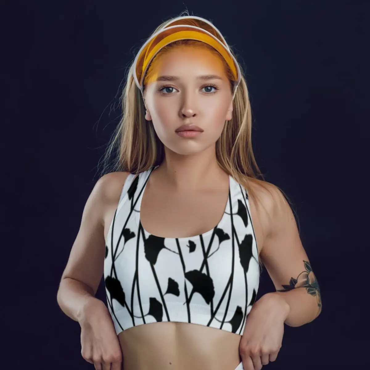 White Black Floral Print Gym And Yoga Training Sports Bra