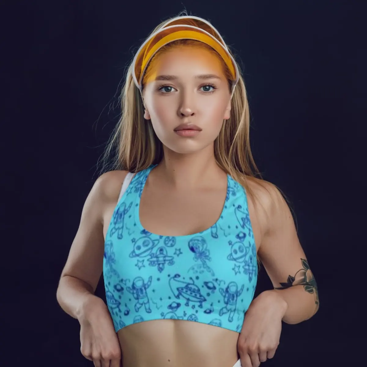 Space Doodle Print Sky Blue Everyday Exercise Yoga Sports Bra