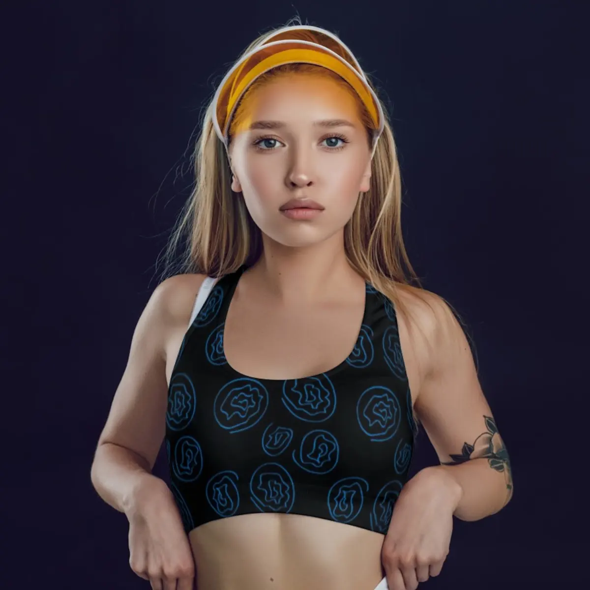 Blue Floral Printed Black Everyday Exercise Yoga Sports Bra