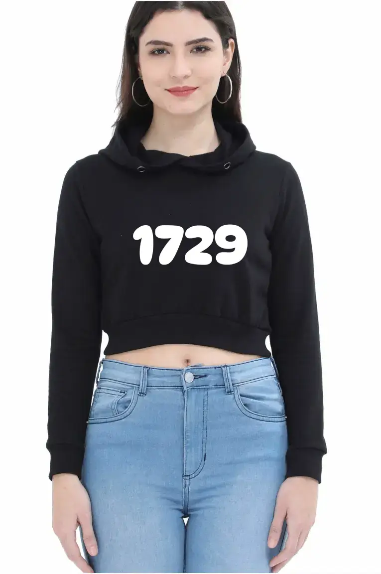 1729 Puff Printed Women Black Crop Hoodie
