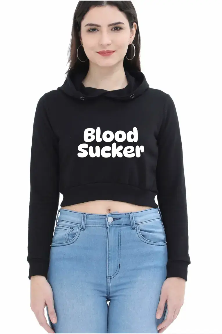 Blood Sucker Puff Printed Women Black Crop Hoodie