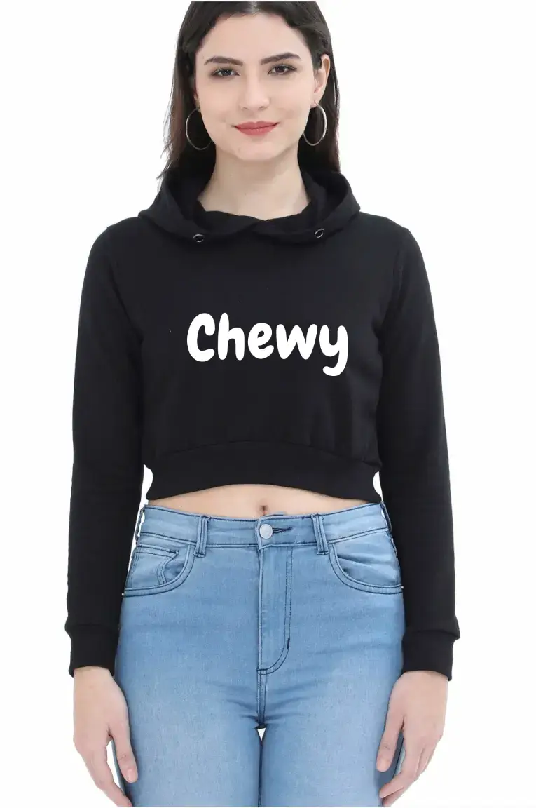 Chewy Puff Printed Women Black Crop Hoodie