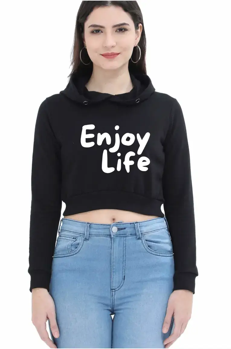 Enjoy life Puff Printed Women Black Crop Hoodie