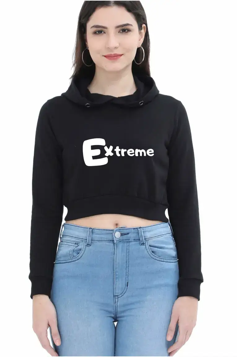 Extreme Puff Printed Women Black Crop Hoodie