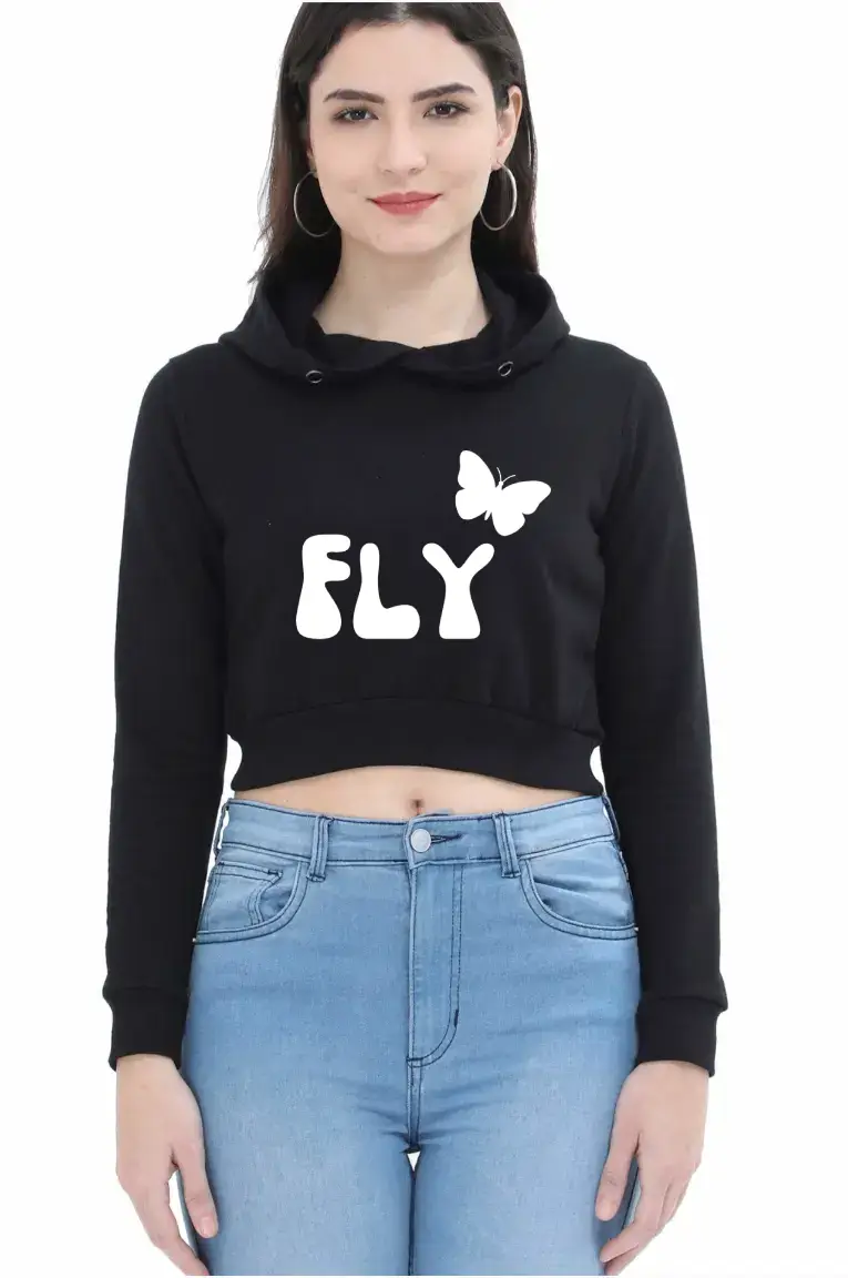 Fly Puff Printed Women Black Crop Hoodie