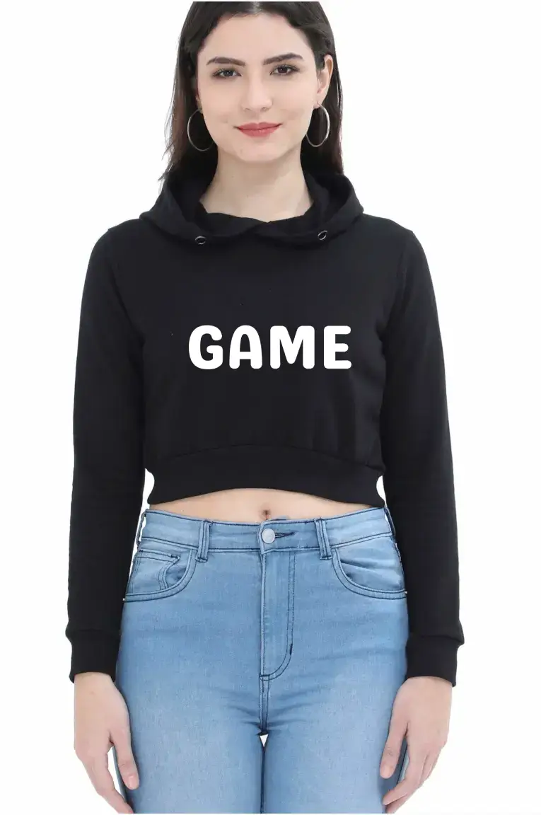Game Puff Printed Women Black Crop Hoodie