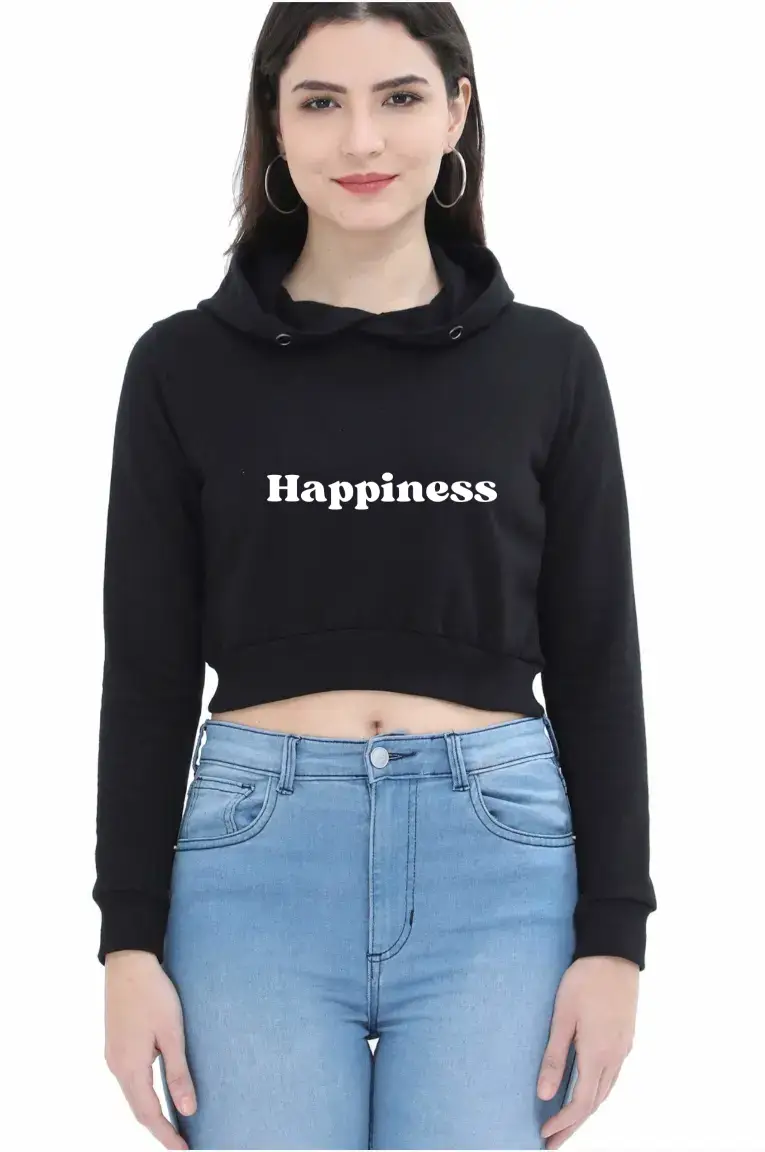 Happiness Puff Printed Women Black Crop Hoodie