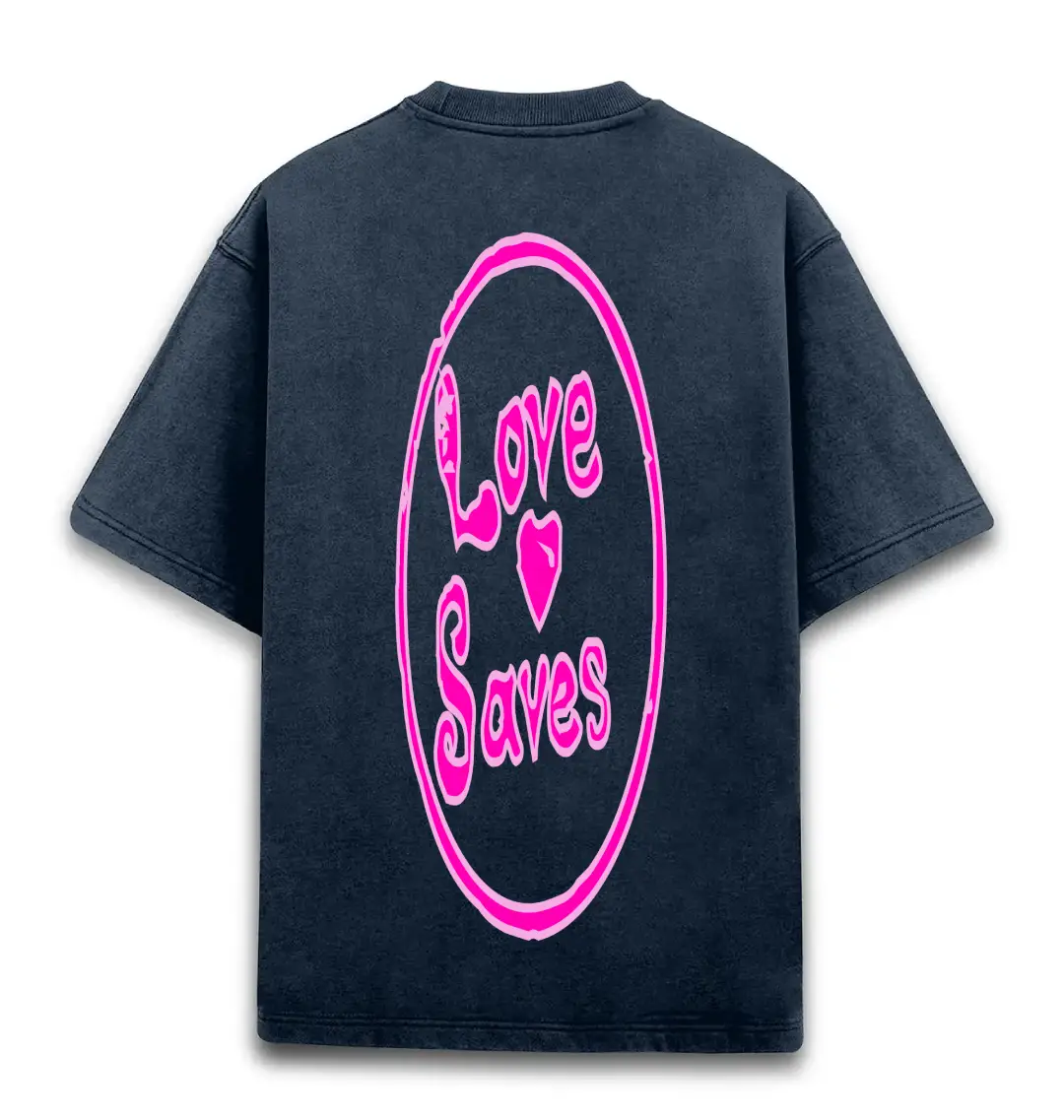 Love Saves Unisex Acid Washed Oversized T-shirt Navy Blue