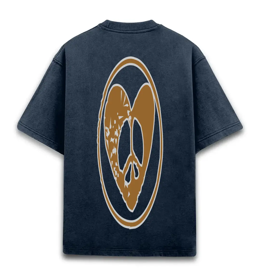 Heart Printed Unisex Acid Washed Oversized T-shirt Navy Blue