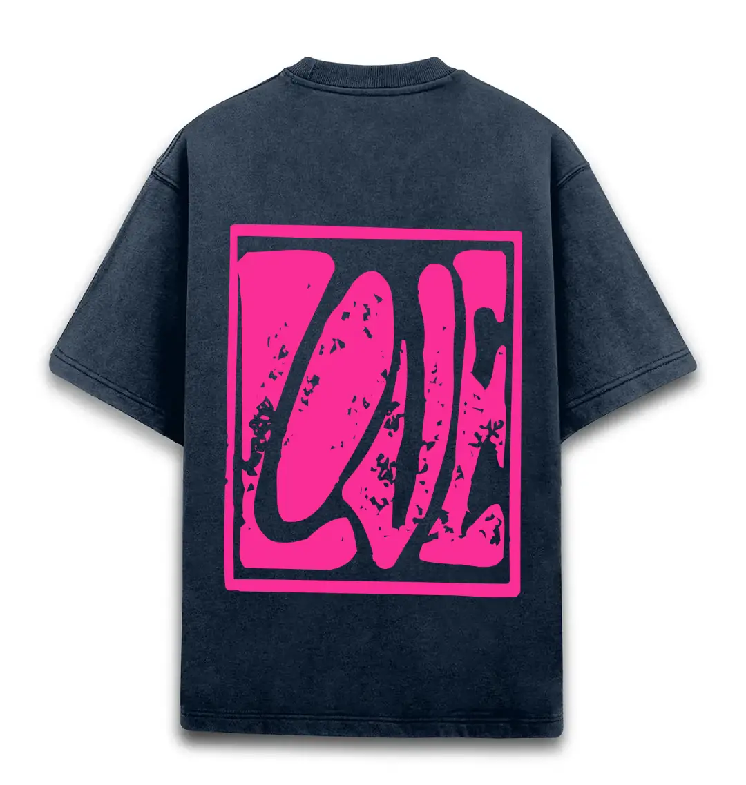 Love Back Printed Unisex Acid Washed Oversized T-shirt Navy Blue