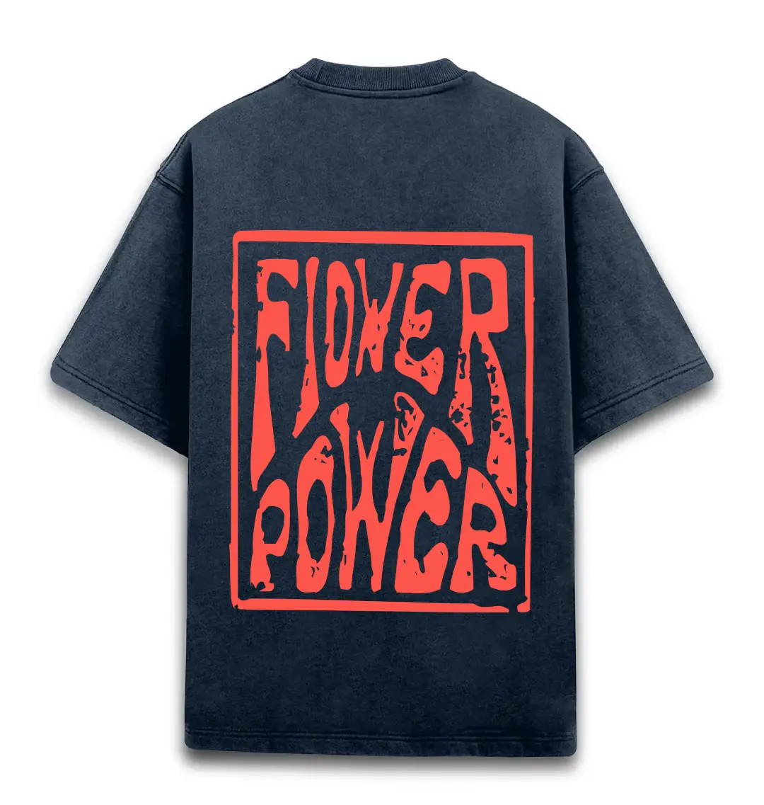 Flower Power Unisex Acid Washed Oversized T-shirt Navy Blue