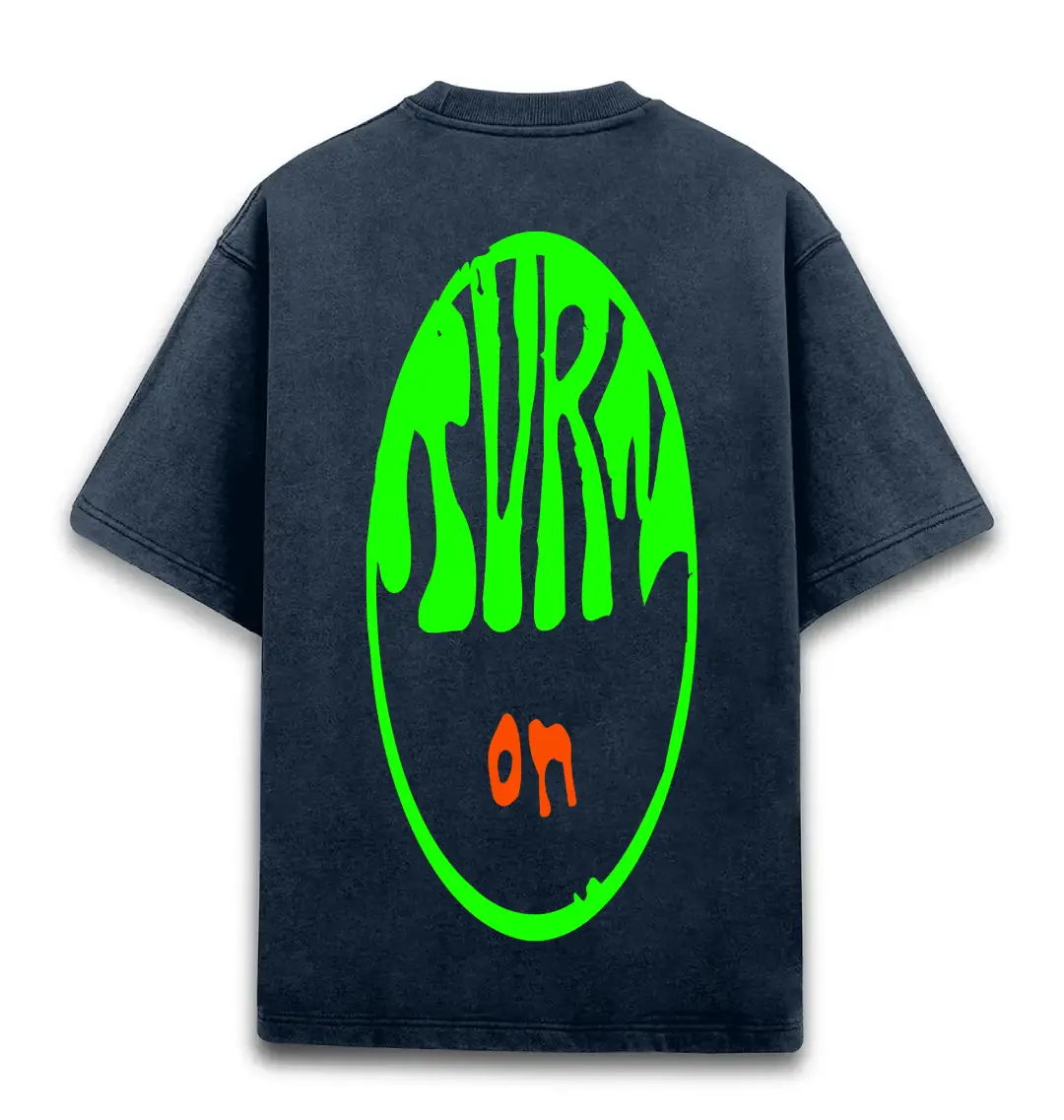 Turn On Back Printed Unisex Acid Washed Oversized T-shirt Navy Blue