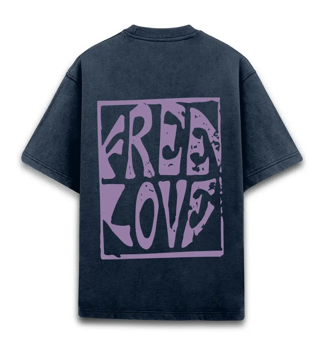 Free Love Unisex Acid Washed Oversized T-shirt Navy Blue