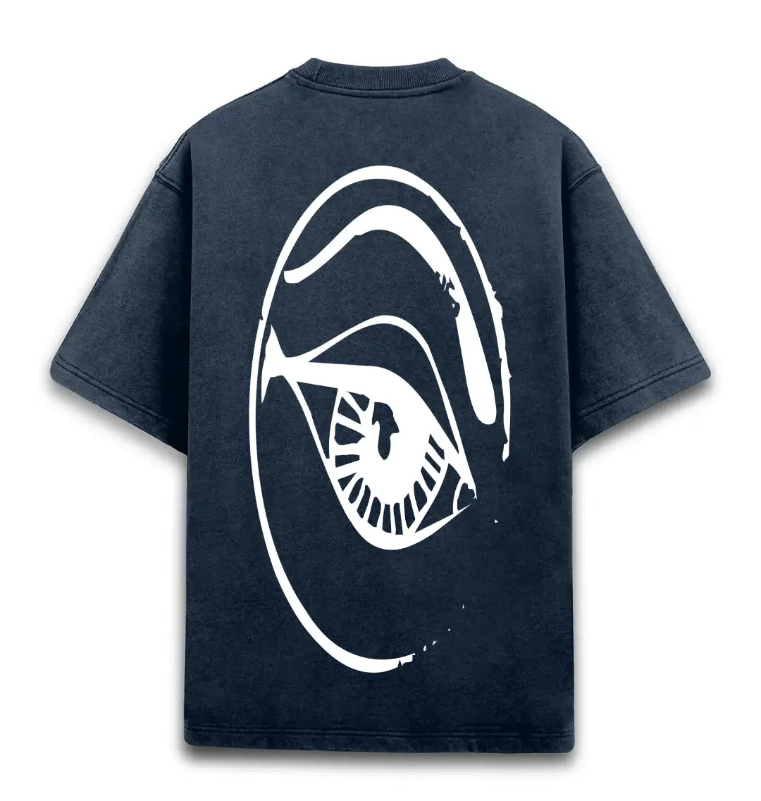 Eye Back Printed Unisex Acid Washed Oversized T-shirt Navy Blue