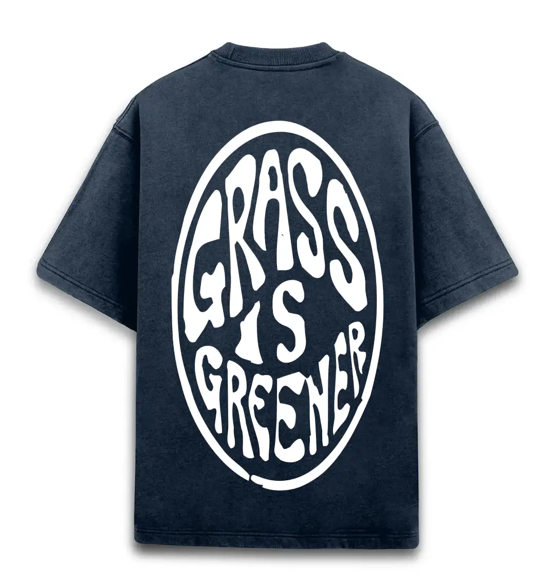 Greener Grass Typographic Unisex Acid Washed Oversized T-shirt Navy Blue
