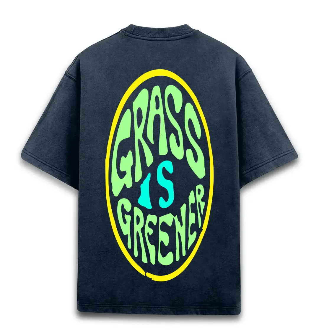 Grass Is Greener Unisex Acid Washed Oversized T-shirt Navy Blue