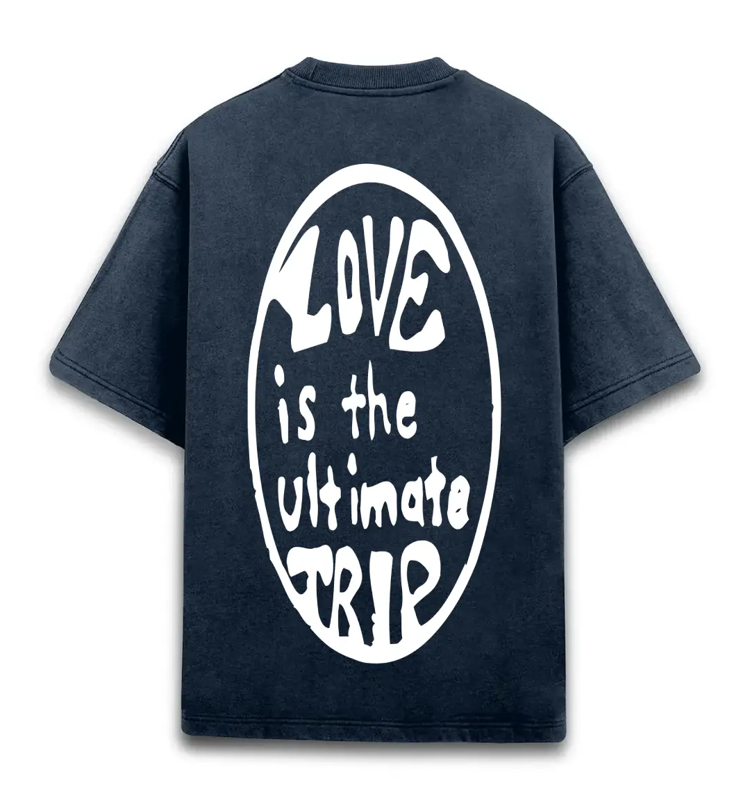 Love Trip Back Printed Unisex Acid Washed Oversized T-shirt Navy Blue
