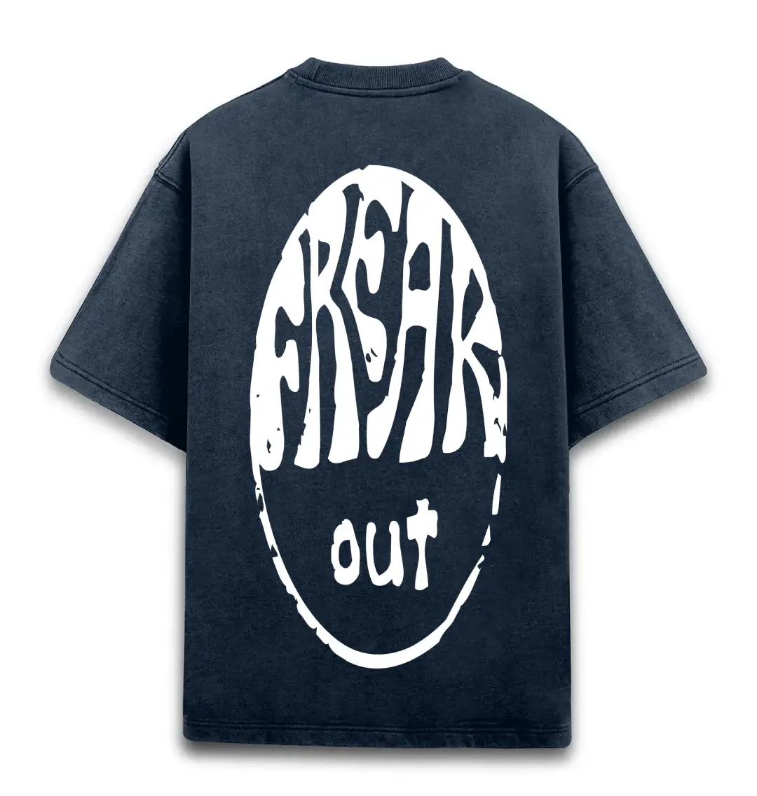 Freak Out Back Print Unisex Acid Washed Oversized T-shirt Navy Blue