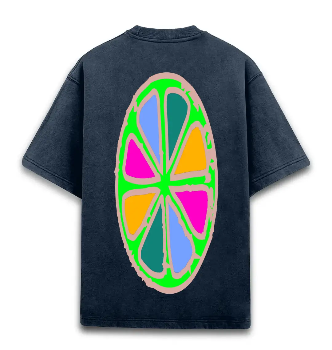 Colorful Back Print Unisex Acid Washed Oversized T-shirt Navy Blue