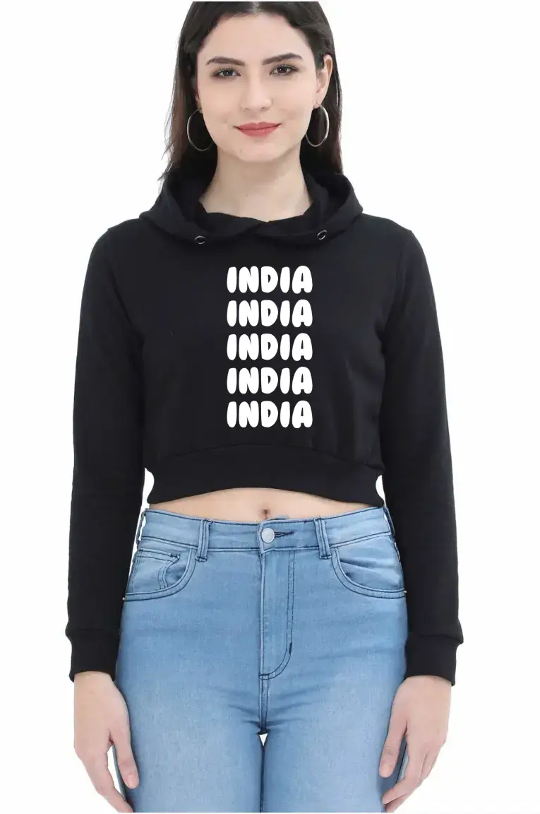 India Puff Printed Women Black Crop Hoodie