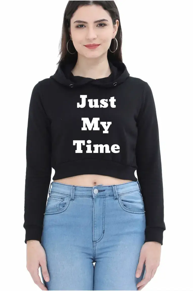 Just My Time Puff Printed Women Black Crop Hoodie