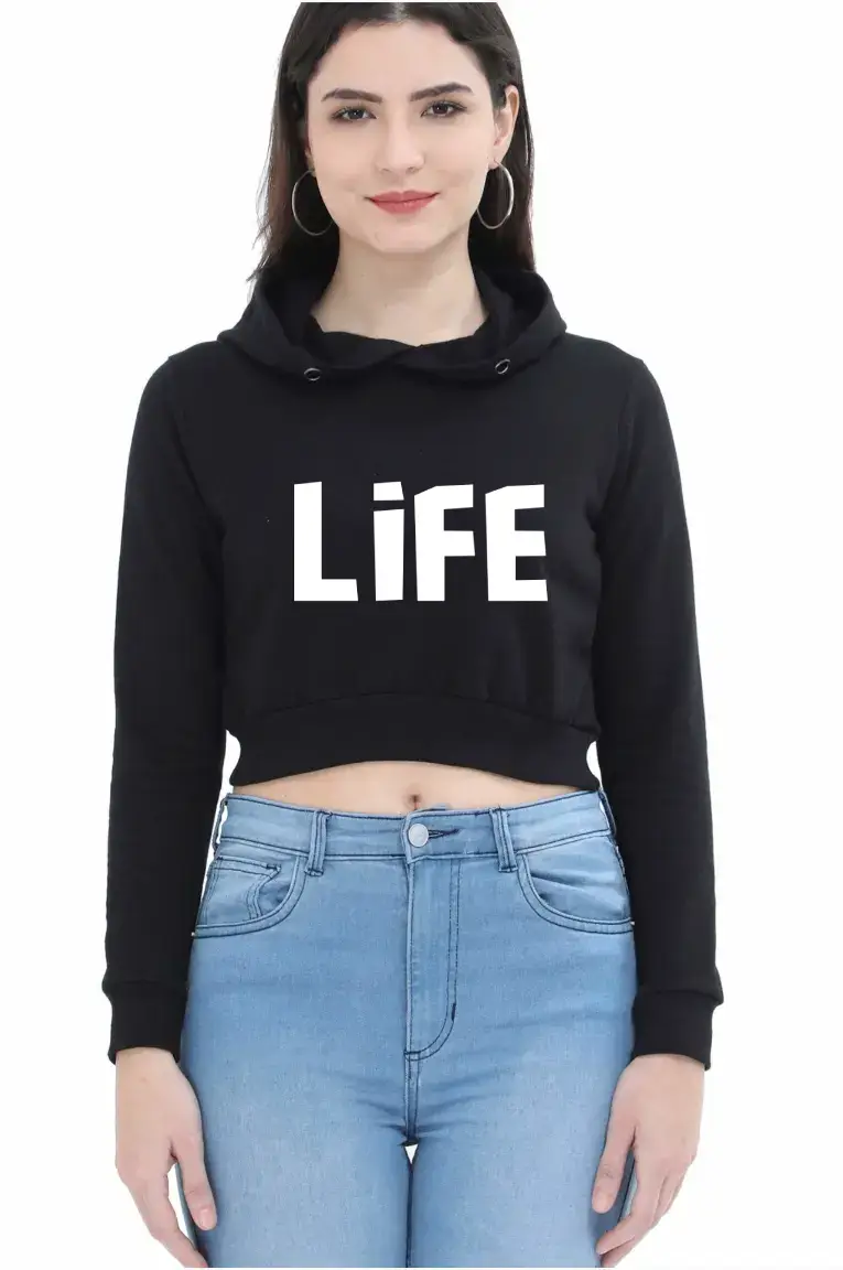 Life Puff Printed Women Black Crop Hoodie