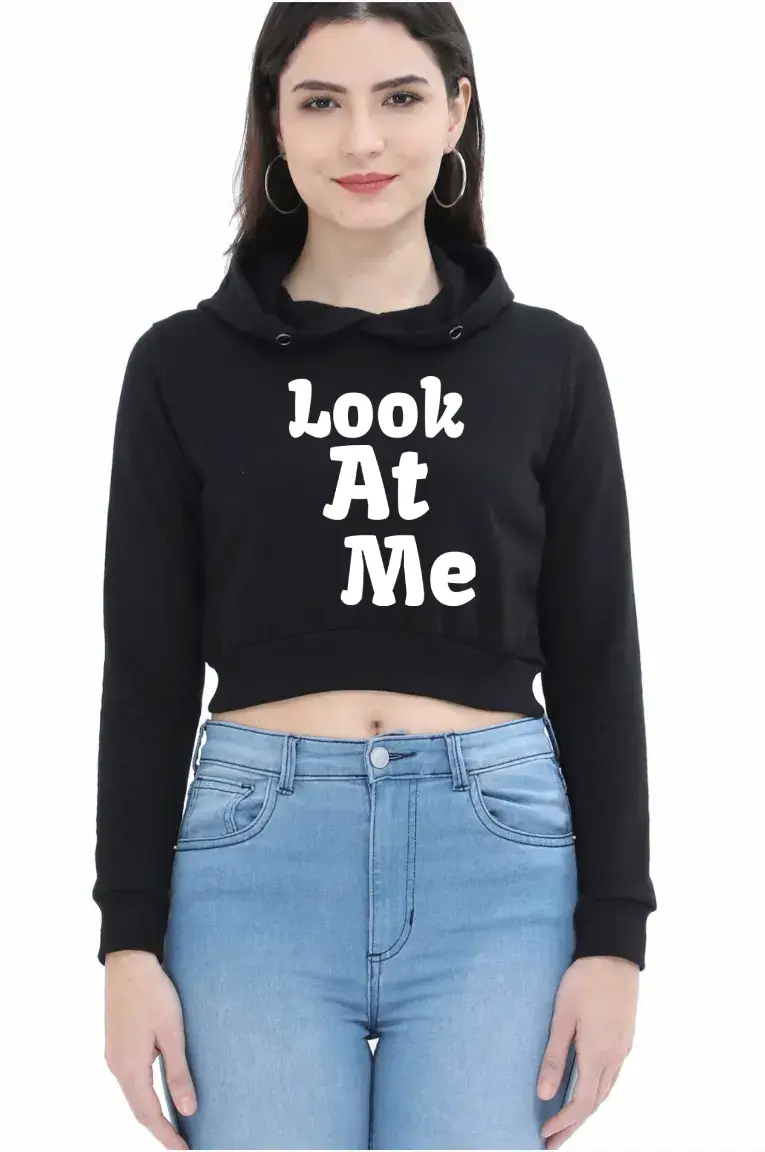 Look At Me Puff Printed Women Black Crop Hoodie