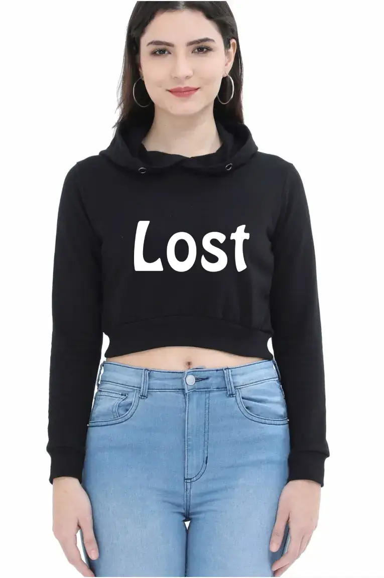 Lost Puff Printed Women Black Crop Hoodie