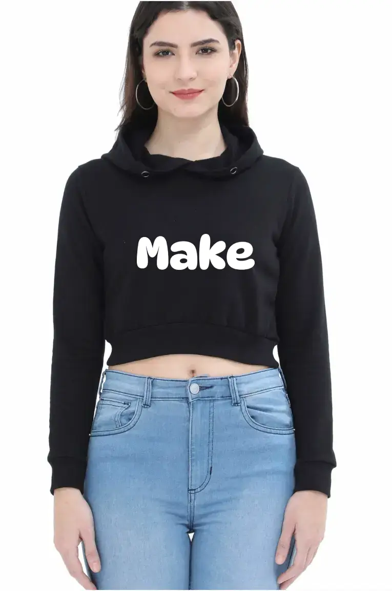 Make Puff Printed Women Black Crop Hoodie