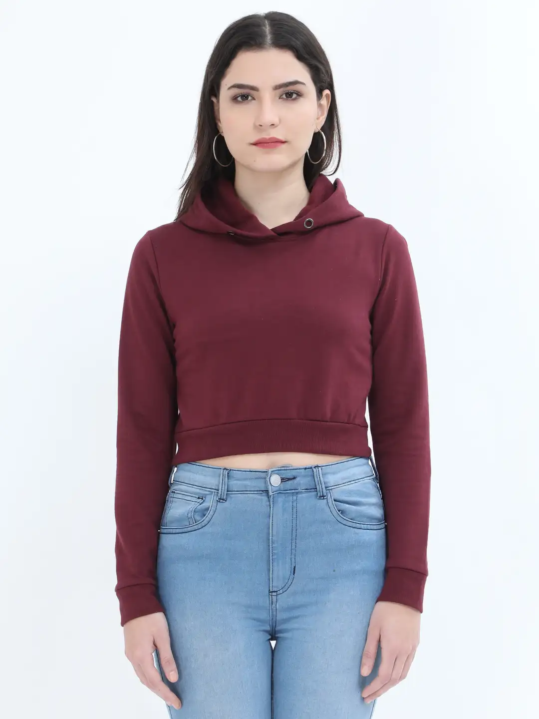 Women Solid Maroon Cropped Hoodie