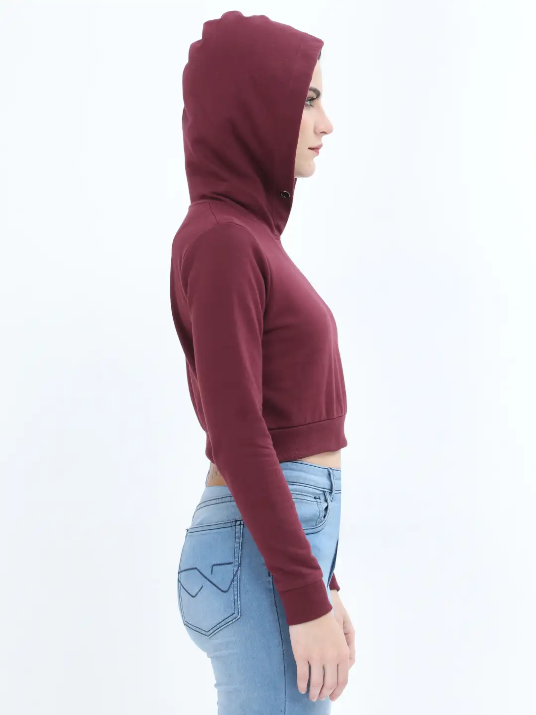 Women Solid Maroon Cropped Hoodie - Image 4