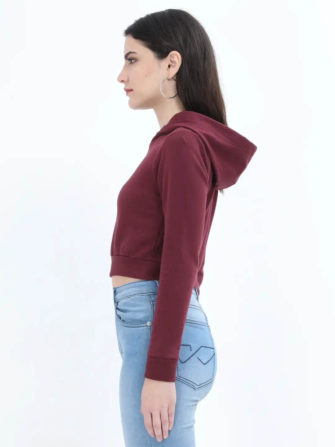 Women Solid Maroon Cropped Hoodie - Image 2