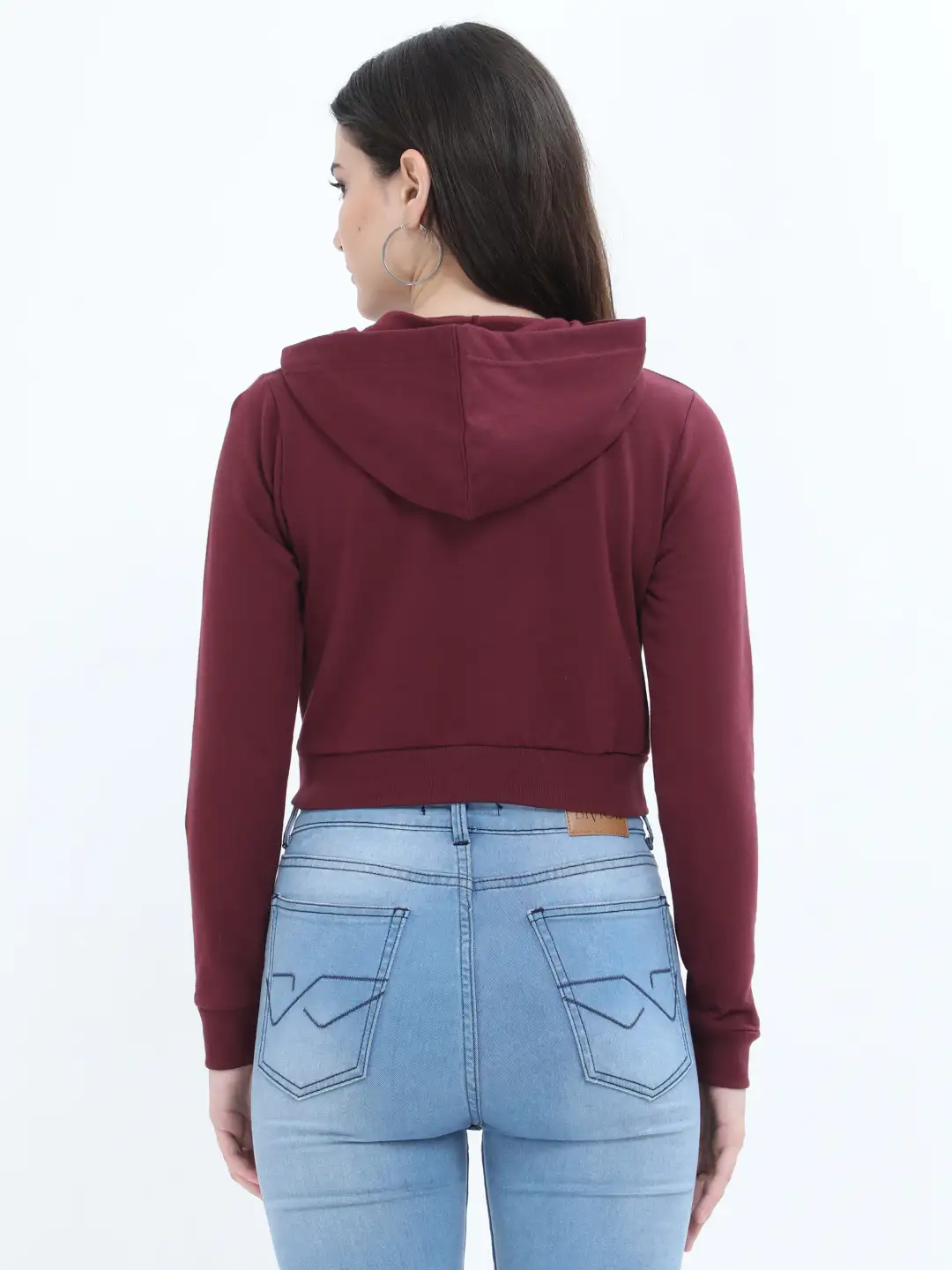 Women Solid Maroon Cropped Hoodie - Image 3