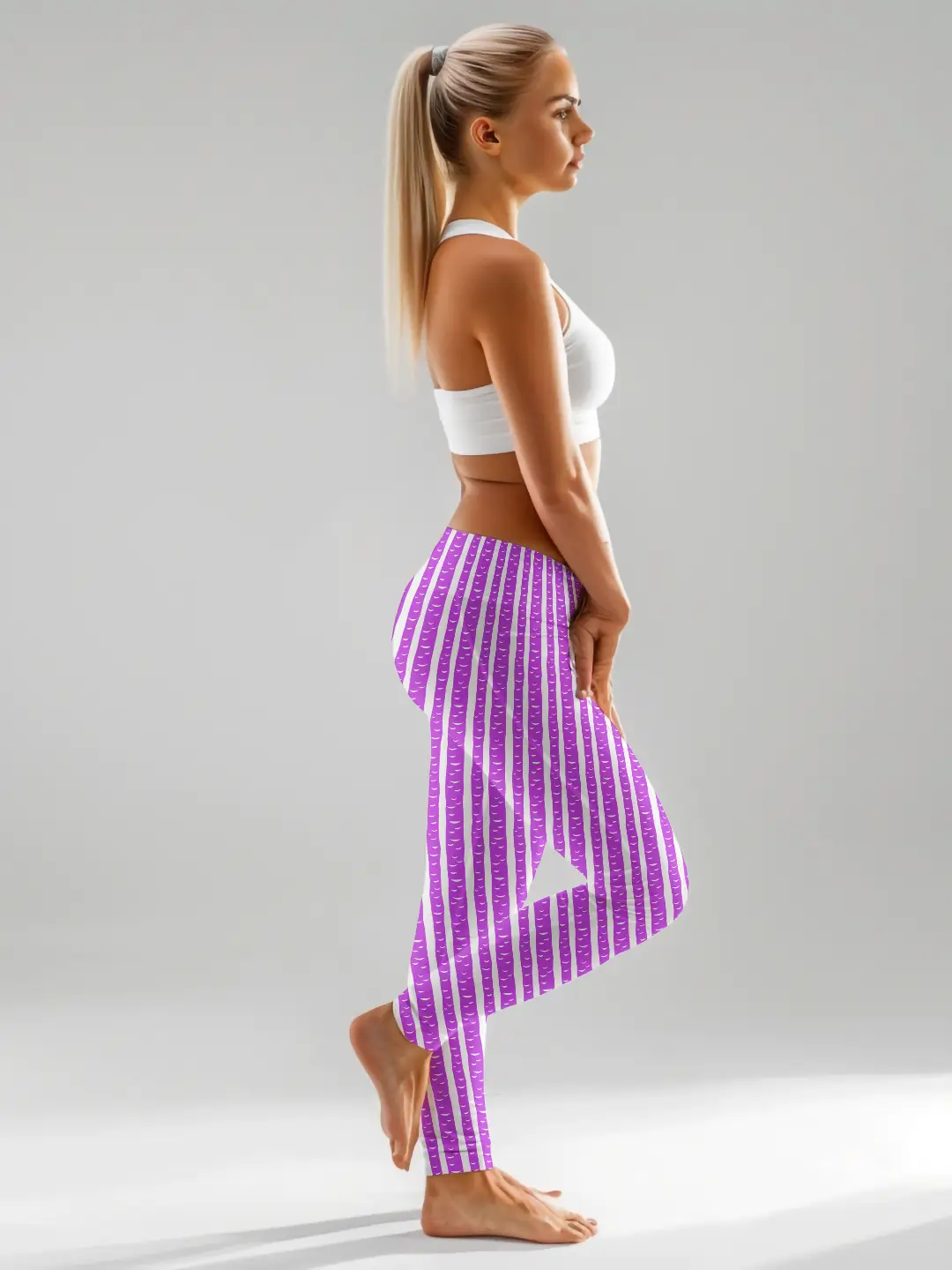 Purple Striped Pattern Women Leggings - Image 3