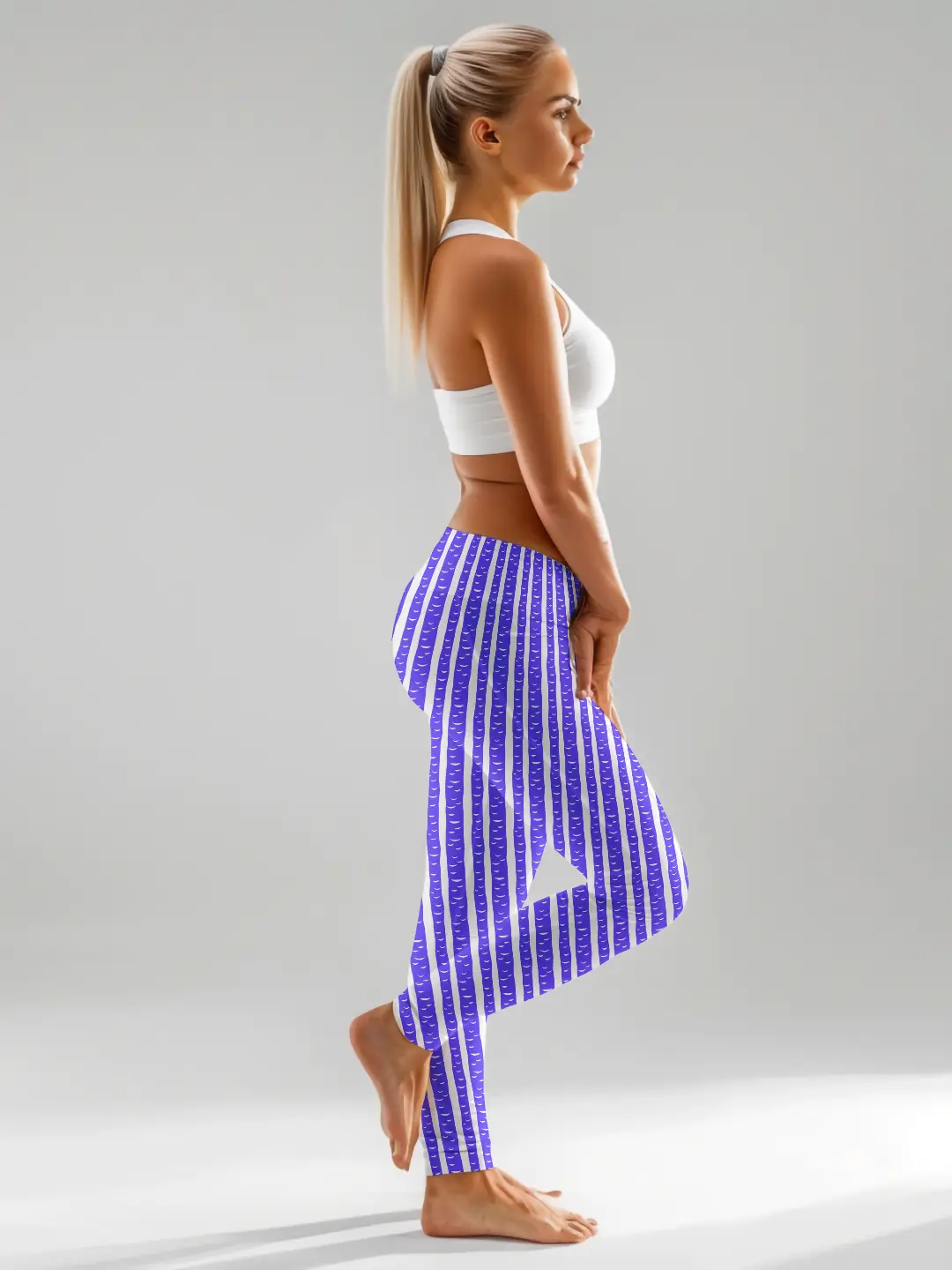 Navy Color Striped Pattern Women Leggings - Image 3