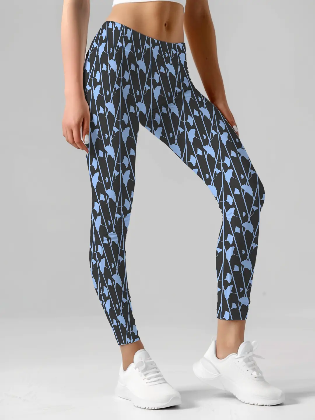 Black Blue Floral Printed Women Leggings - Image 4