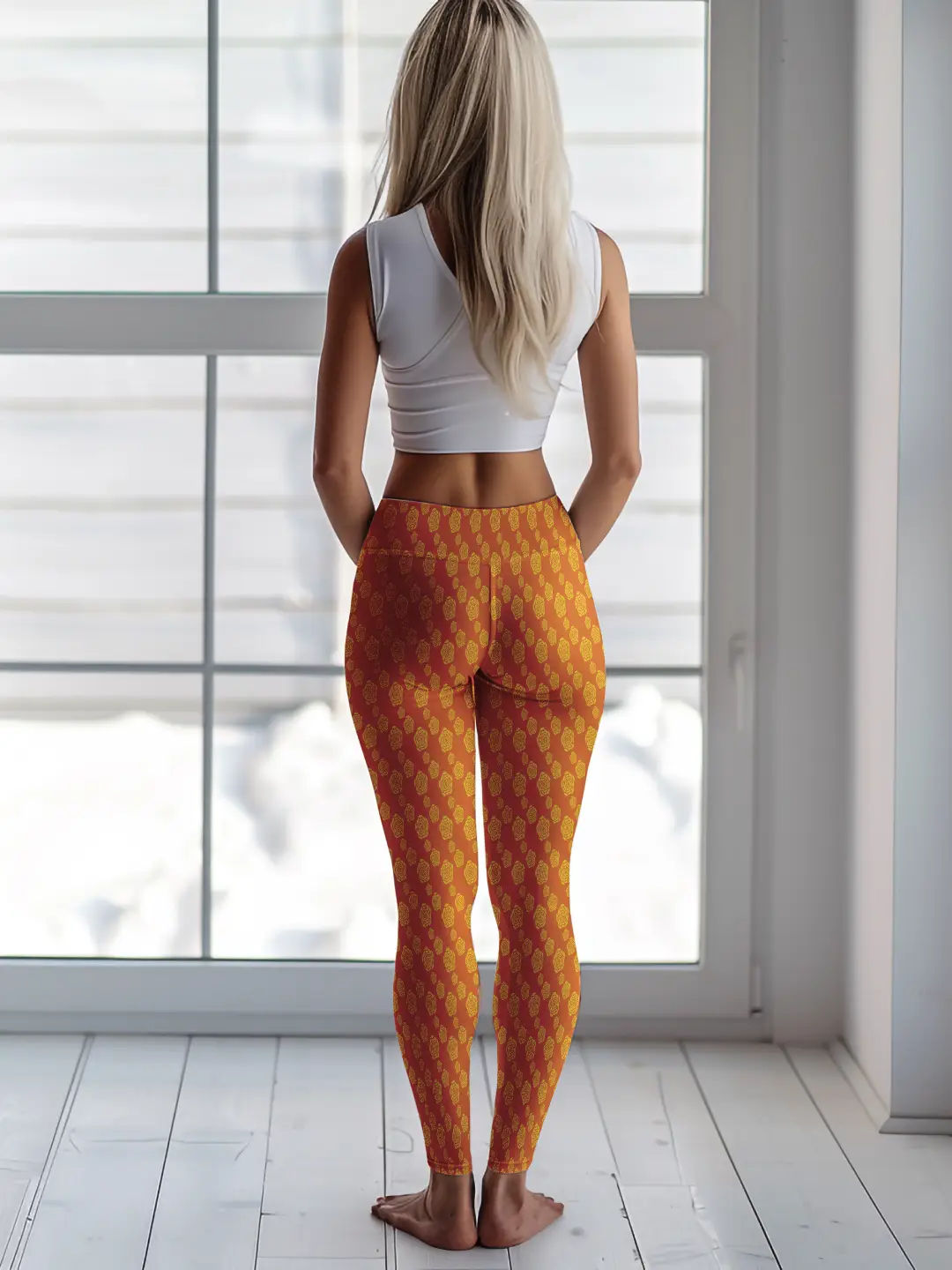 Yellow Floral Printed Women Leggings - Image 4