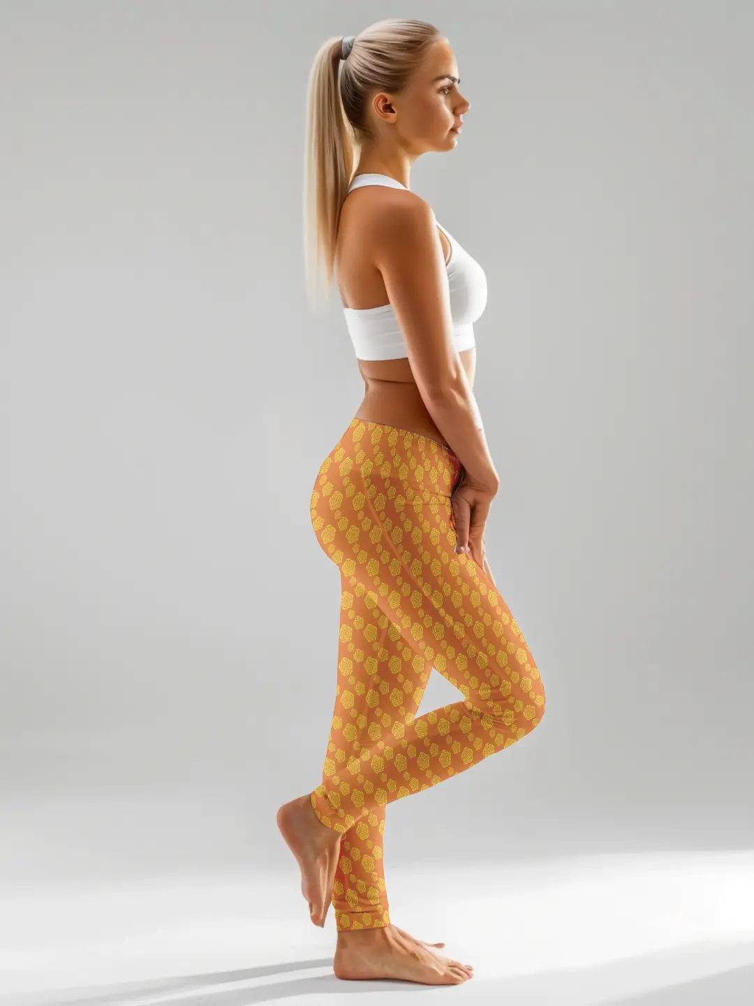 Yellow Floral Printed Women Leggings - Image 3