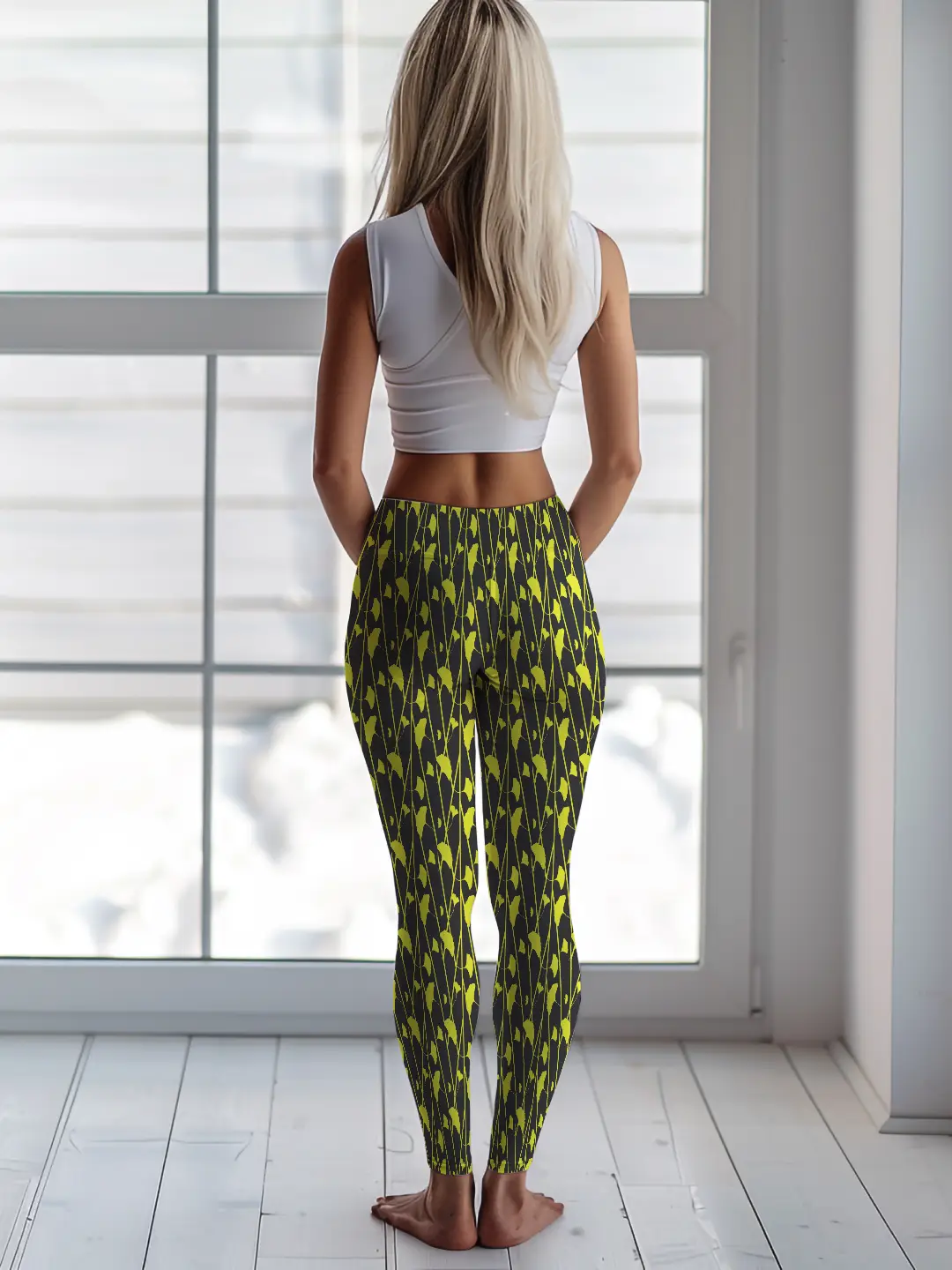 Black Yellow Floral Printed Women Leggings - Image 3