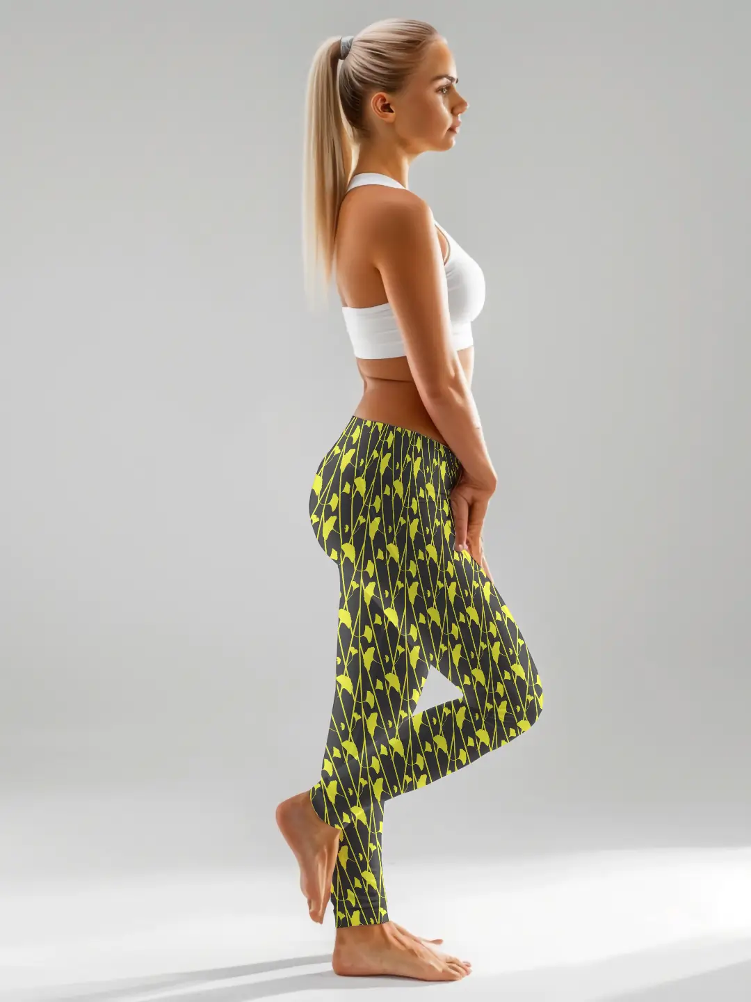 Black Yellow Floral Printed Women Leggings - Image 4