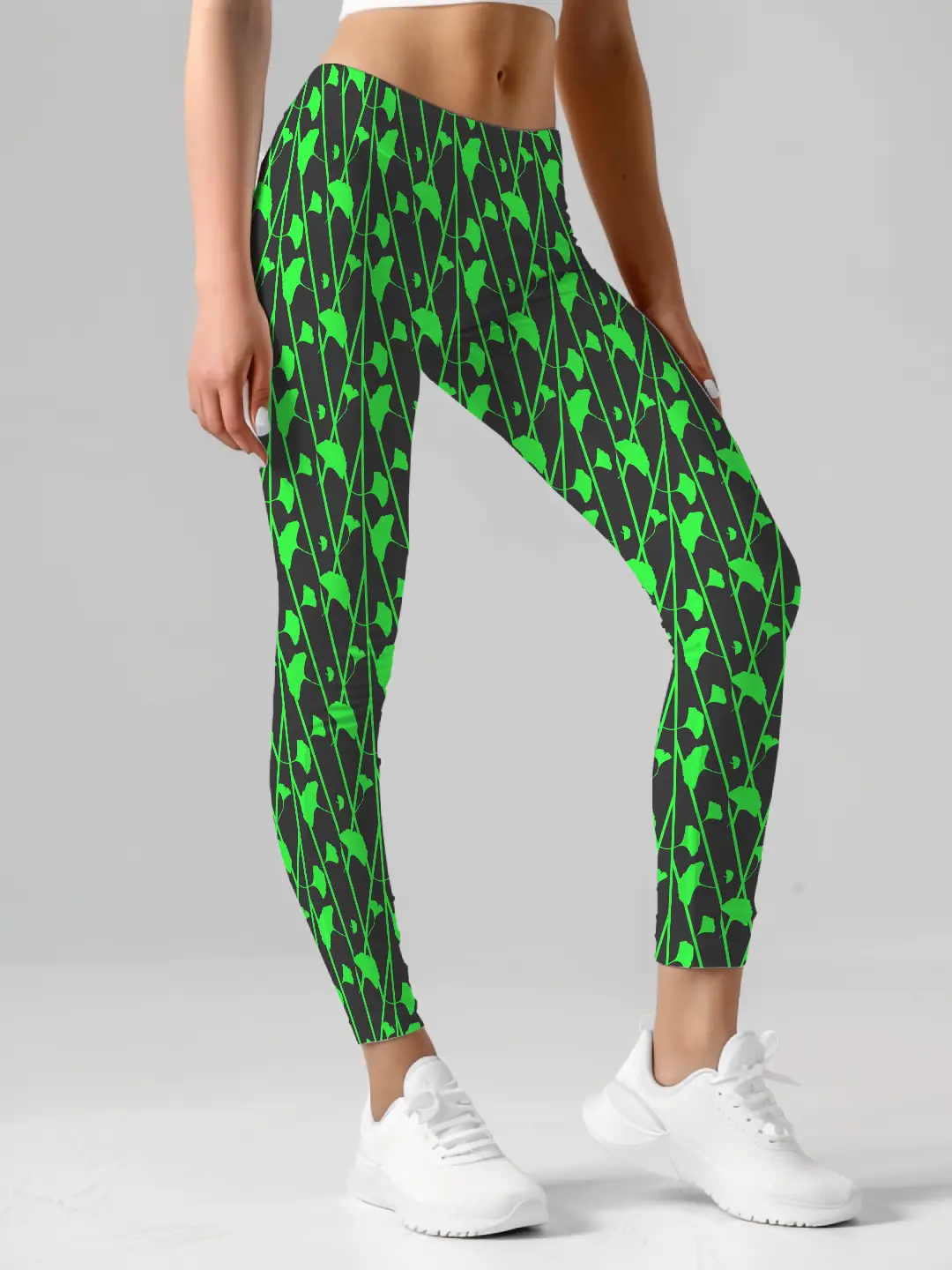 Black Green Floral Printed Women Leggings